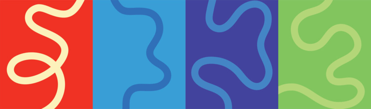 Abstract colorful wavy line background set, featuring modern minimalist squiggly curved shapes, fluid organic line art banners