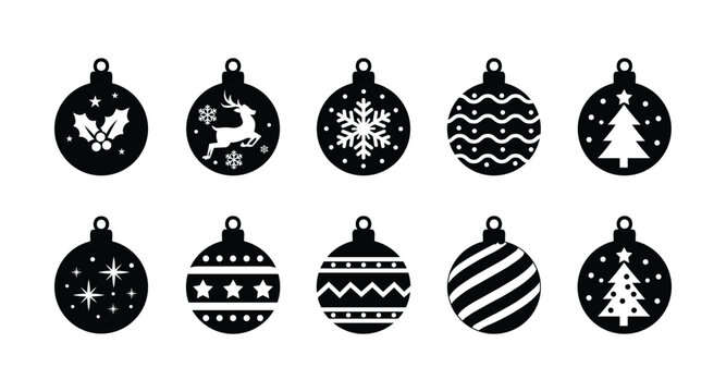 Christmas bauble ornament icon set, featuring black silhouette hanging balls with holly, reindeer, snowflake, stripes, and tree patterns, vector
