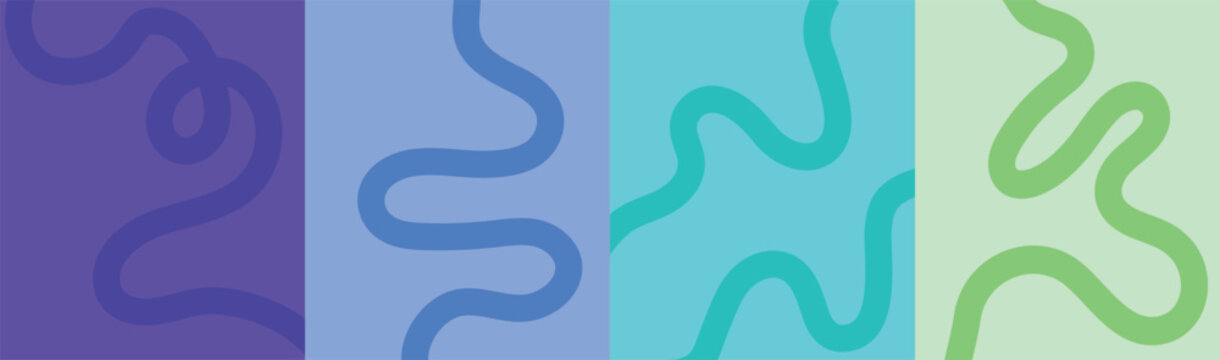 Abstract colorful wavy line background set, featuring modern minimalist squiggly curved shapes, fluid organic line art banners, vector illustration