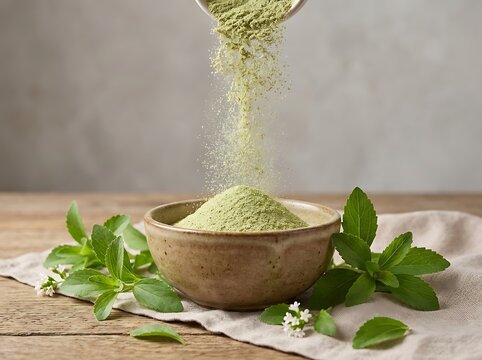Green matcha tea powder pouring into a rustic wooden bowl with fresh mint leaves on a wooden table. stevia powder