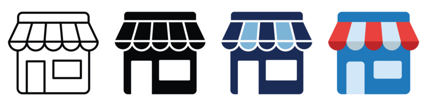Storefront icon set with retail shop symbols in outline silhouette and colorful flat style