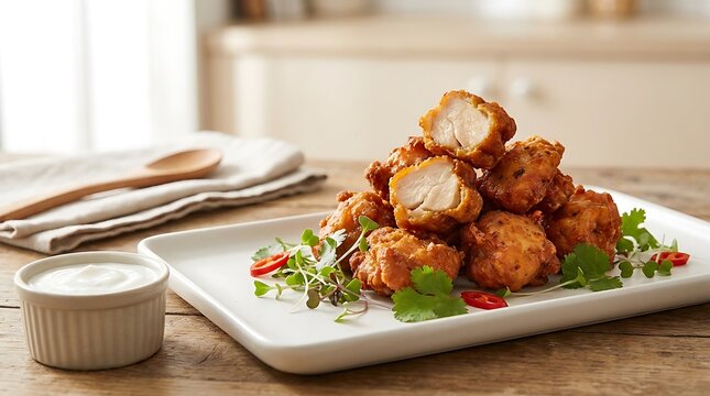 Delicious grilled meat chunks served on a ceramic plate with fresh herbs and sauce in a kitchen. chicken 65