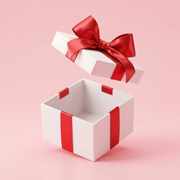 White open gift box decorated with elegant vibrant red ribbon bow floating in midair against a soft pastel pink studio background for celebration concepts