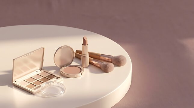 Various makeup products with brushes on a circular table in soft natural sunlight. beginner makeup guide