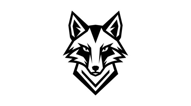 Symmetrical black wolf head emblem with pointed ears and detailed facial markings, representing wilderness, strength, loyalty, wildlife, and bold animal branding.