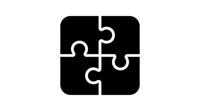 Four interlocking black puzzle pieces arranged in a square, representing problem solving, teamwork, integration, connection, and strategic thinking.
