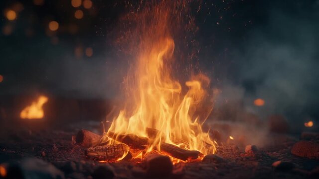 Serene Slow Burning Fire With Embers Drifting Upward And Flames Flickering Calmly In Ambience