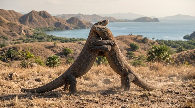 This image shows two male Komodo dragons (Varanus komodoensis) engaged in combat (wrestling) on a grassy hill in their natural habitat, likely within Komodo National Park, Indonesia.