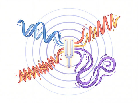 Educational Illustration of Sound Waves as Colorful Ribbons and Tuning Fork