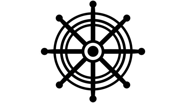 i: Black outline ship steering wheel with multiple spokes and a circular hub, representing maritime navigation, sailing, boating, seafaring, and nautical adventures.