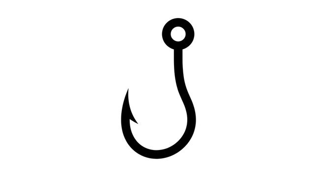 i: Simple black fishing hook with a curved point and circular eye, representing fishing, angling equipment, outdoor recreation, and aquatic activities.