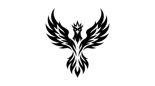 : Ornamental black phoenix with expansive upward wings and a stylized central body, symbolizing rebirth, renewal, resilience, transformation, and mythical power.