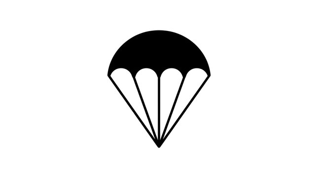 Black parachute silhouette with curved canopy and suspended lines, representing skydiving, aviation, adventure sports, safety equipment, and aerial activities.
