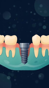 Dental implant insertion process animation showing implant placed in jawbone and crown attached to replace missing tooth