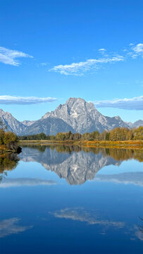 Mountains rise bold against a clear blue sky at Oxbow Bend in Grand Tetons. Lake mirrors their peaks with perfect clarity. Autumn leaves line the shore in warm hues. Clouds drift slowly across the vas