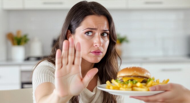 A worried young woman holds up her hand in a firm stop gesture, rejecting a plate of burger and crispy french fries. She looks hesitant and doubtful about eating fast food in a kitchen.