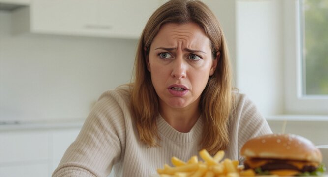 A worried young woman looks away with a stressed expression, feeling hesitant about eating a plate of burger and french fries. She looks doubtful about her fast food choices in a kitchen.