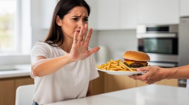 A young brunette woman shows a firm stop gesture with her hand, refusing a plate of burger and French fries. She looks disgusted and hesitant about eating junk food in a kitchen.
