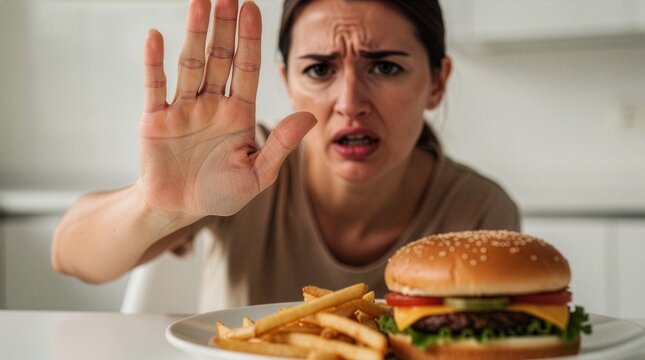An angry young woman shows a firm stop gesture with her hand, refusing a plate of burger and crispy french fries. She looks disgusted and determined to avoid eating fast food in a kitchen.