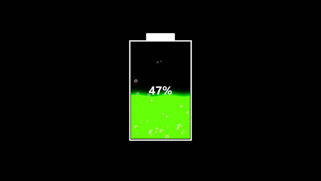 Green battery charging status indicator showing forty seven percent power level with floating bubbles representing energy efficiency technology on black backdrop.