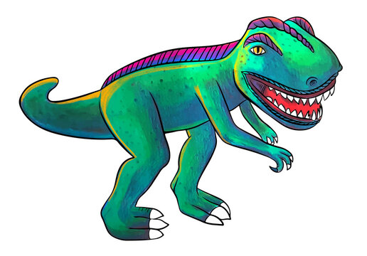 Green and turquoise-blue dinosaur with yellow highlights. There are pink, purple, and violet details on its crest and head. Reptilian eyes, open mouth, and sharp teeth. Cartoon style.