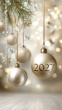 Golden and white christmas ornaments, including one displaying the year 2027, are hanging in a festive indoor setting with a blurred background of illuminated lights from a christmas tree