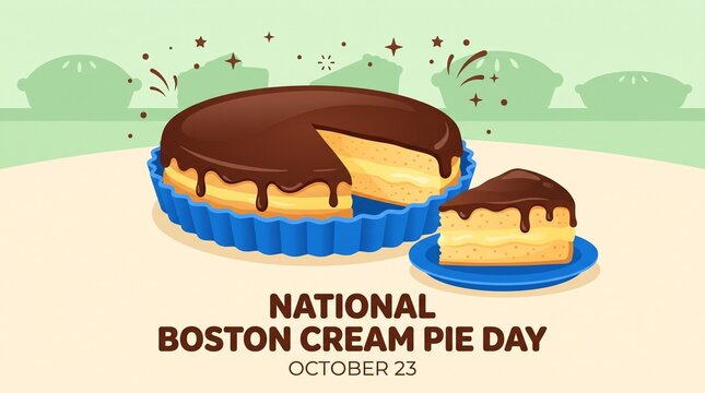 National Boston Cream Pie Day Poster with Chocolate Glazed Custard Cake, Creamy Vanilla Filling, Golden Sponge Layers, and Decorative Blue Plates, Celebrating October 23