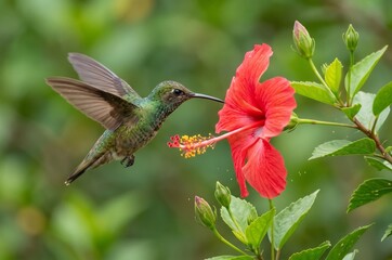 Fototapeta premium Iridescent green hummingbird extracting nectar from a vibrant red hibiscus (Hibiscus rosa-sinensis) in motion
