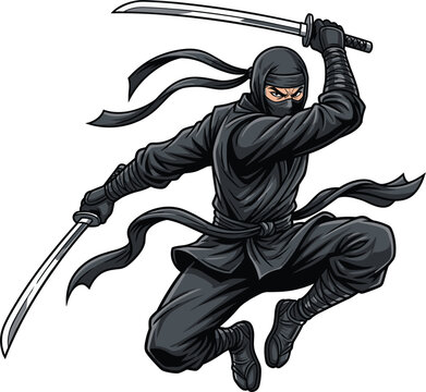 Japanese ninja warrior jumping in mid air wielding dual samurai katana swords vector cartoon illustration