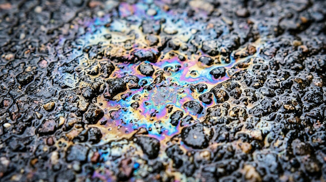 Iridescent oil slick on asphalt texture, abstract colorful pattern, macro detail