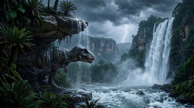 T-rex dinosaur in a prehistoric jungle with a waterfall