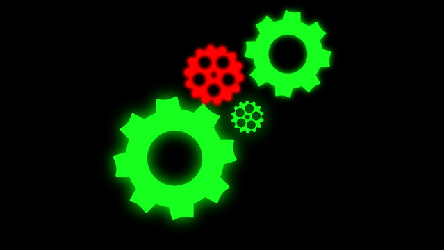 Interlocking glowing green and red cog wheels set against solid black backdrop symbolizing teamwork mechanical processes engineering and operational sync.