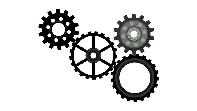 Four interlocking black mechanical gears display complex internal structures and spoke patterns creating functional engineering visual for technical presentations.