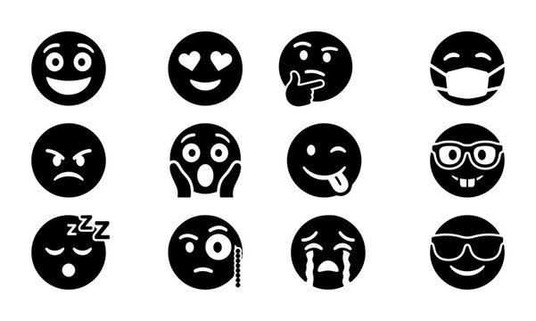 Emoji silhouettes set with faces showing emotions like happy, love, thinking, sick, winking, angry, surprised, sleeping, crying, nerdy