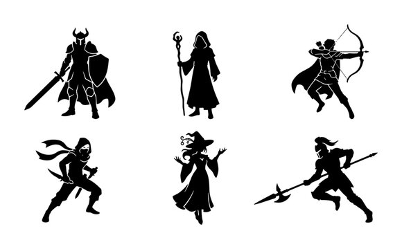 Fantasy warrior silhouettes set with knight, archer, ninja, witch, mage and soldier for logo or print