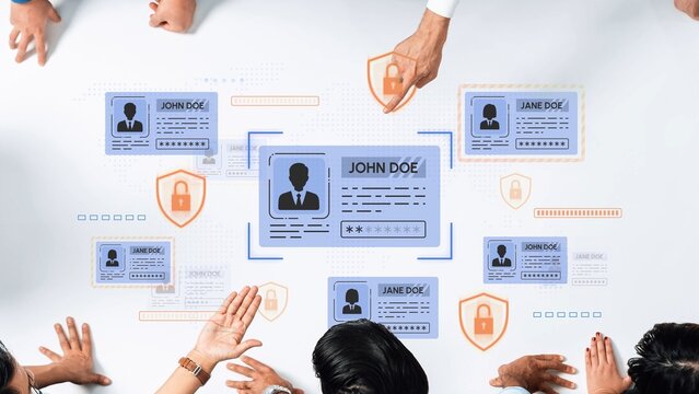 Digital Identity Management Concept with User Profiles, Lock Icons, and Diverse Hands on a Table Representing Data Security and Privacy Concerns. Entropy.