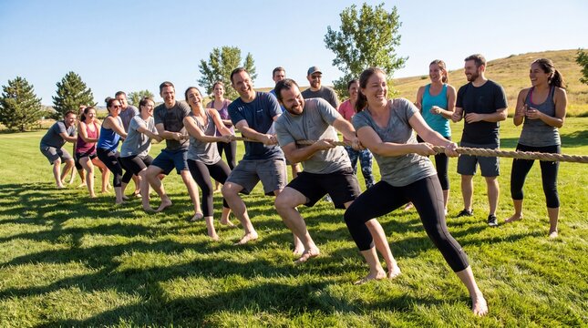 Coworkers doing a tug of war during an outdoor team building activity