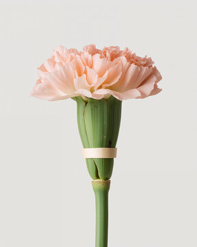 A single pale peach carnation flower with a delicate green stem and a small light beige ribbon tied around the base against a plain white background