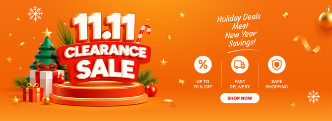Fototapeta premium 11.11 Clearance Sale Banner with Christmas Festive Ornaments, Holiday Shopping Deals and Year End Savings