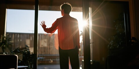 Fototapeta premium Silhouette of a person at a glass door with strong sunburst and warm light filling a cozy interior during sunrise