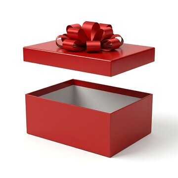 Vibrant red gift box with matching decorative bow floating openly against a clean bright studio background highlighting festive seasonal holiday celebration concepts