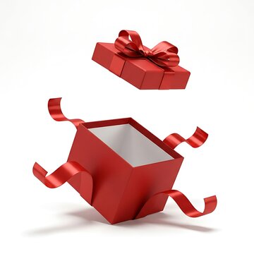 Elegant red gift box floating with its lid open and shiny ribbons swirling around against a clean minimalist isolated white studio background view