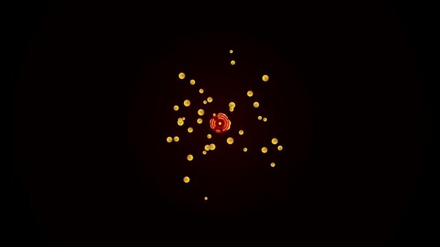 Abstract Burst of Golden Cubes on Dark Red Gradient Background with Central Glowing Orb Animation
