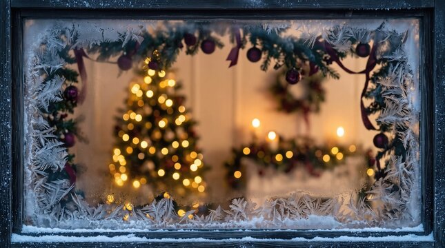 Blurred christmas tree lights viewed through a frosted window pane with decorative garland holiday background snowy glass bokeh lights holiday season winter scene festive decoration