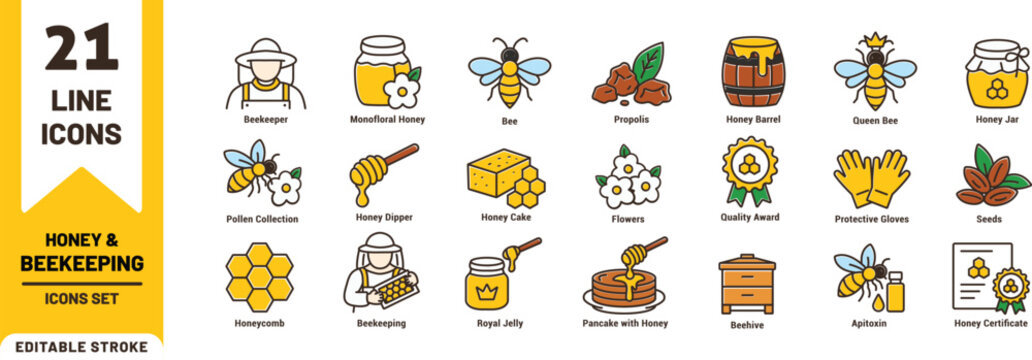 Honey and Beekeeping Color Line Icon Set