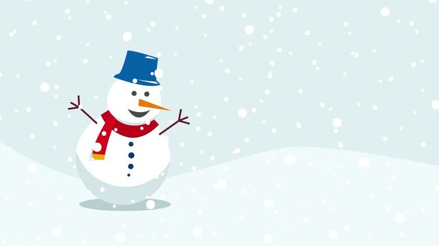Animated snowman character waving during snowfall