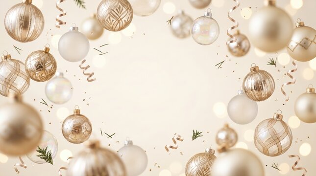 Champagne gold christmas ornaments and streamers framing a copy space background with gold baubles holiday background christmas decor hanging ornaments holiday season festive streamers