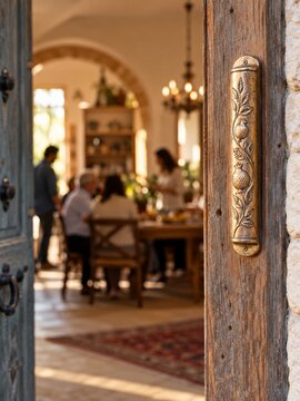 Engraved pomegranate doorpost case beside a warmly lit family entrance