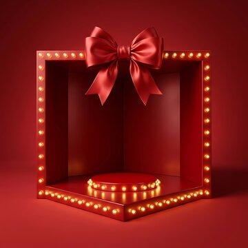 Luxury red display podium featuring glowing light bulbs and a large elegant satin ribbon bow creating a festive celebration atmosphere for holiday product presentation
