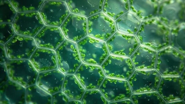 Macro microscopic view of translucent green plant leaf cells with glowing chloroplasts drifting in honeycomb pattern, seamless loop science background